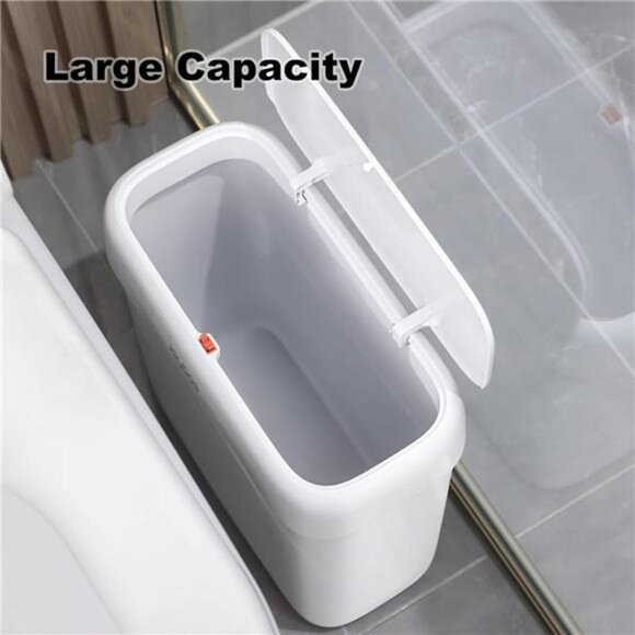 Slim Bathroom Trash Can with Lid Small 2.7 Gallon Press Top Garbage Bin - Picture 2 of 7